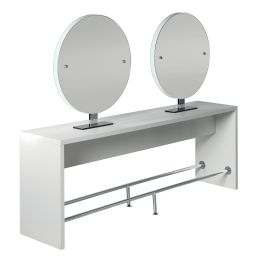 Quadratischer Tisch trifft auf runden und eckigen Spiegel. Der perfekte Doppelbedienplatz f&uuml;r deinen Salon!