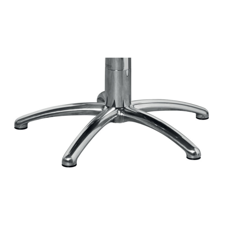 Formschöner Friseurstuhl mit geschwungenen Elementen und einer bequemen Sitzfläche.