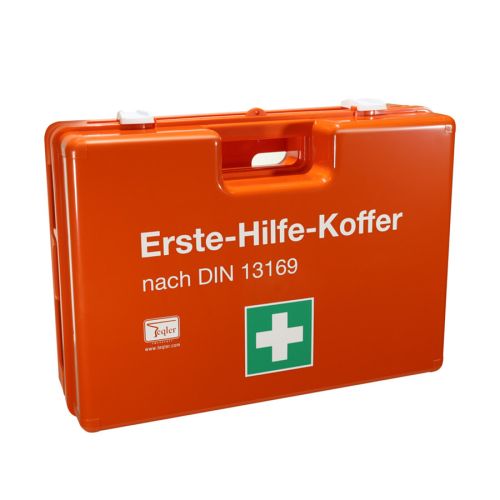 Der Erste-Hilfe-Koffer DIN 13169 von Teqler besteht aus schlagfestem, formstabilem und spritzwassergeschütztem ABS-Kunststoff und fällt durch sein orangefarbenes Gehäuse besonders auf.