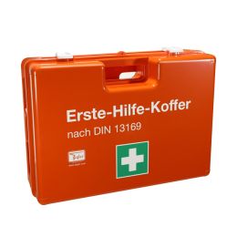 Der Erste-Hilfe-Koffer DIN 13169 von Teqler besteht aus schlagfestem, formstabilem und spritzwassergesch&uuml;tztem ABS-Kunststoff und f&auml;llt durch sein orangefarbenes Geh&auml;use besonders auf.