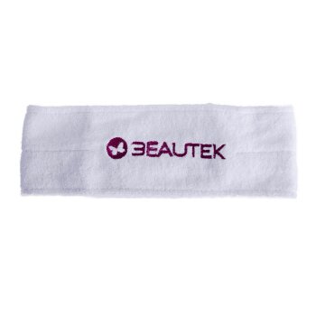 Hautfreundliches Frottee-Stirnband in Weiß mit Klettverschluss & hochwertigem BEAUTEK Stick. Perfekt für Kosmetik, Spa & Sport. Jetzt im 3er oder 5er Set entdecken!