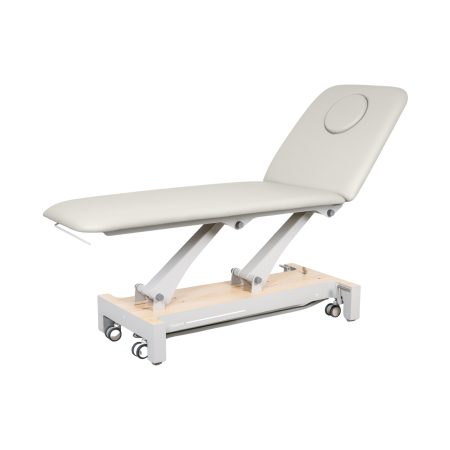 Elektrische Naggura Massageliege mit 1 Motor, langem Kopfteil, 45 bis 98 cm Höhenverstellung, 8 cm Polsterung und 180 kg Tragfähigkeit.